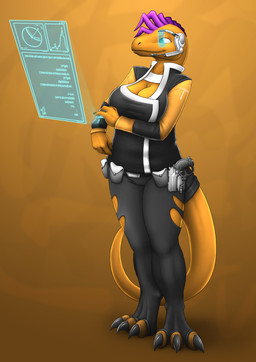 anthro bag belt big_breasts biped breasts chart claws cleavage clothed clothing electronics female furgonomics gun hair headgear headphones headset hologram legwear non-mammal_breasts pose purple_hair ranged_weapon science_fiction simple_background solo standing stockings tail technology weapon vader-san cyra reptile scalie hi_res pinup