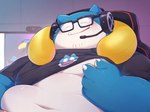 anthro barely_visible_genitalia belly big_belly blue_body blush cute_fangs detailed_background electronics eyewear fangs genitals glasses headphones inside male moobs navel nipples overweight overweight_male solo teeth o-ro nintendo pokemon pokemon_unite gamer_snorlax generation_1_pokemon pokemon_(species) snorlax 2023