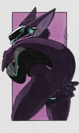 anthro anus backsack balls big_ears black_clothing black_hoodie black_topwear blue_chastity_cage blue_claws blue_eyes blue_tongue border bottomless butt chastity_cage chastity_device claws clothed clothing darkened_genitalia fur genitals holding_tail hoodie hoodie_only humanoid_genitalia humanoid_penis looking_at_viewer looking_back machine male penis presenting purple_background purple_body purple_fur raised_tail simple_background solo spread_butt spreading standing tail tail_over_shoulder tongue tongue_out topwear topwear_only white_border softailfox alley_the_toaster protogen hi_res traditional_media_(artwork) nonbinary_(lore)