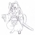 anthro anthrofied asian_clothing biped clothing east_asian_clothing japanese_clothing katana leaf leaf_on_head male melee_weapon miko_outfit open_mouth solo standing sword tail weapon kitsune_youkai inuyasha inuyasha_(inuyasha) canid canine canis domestic_dog mammal 2021 hi_res monochrome