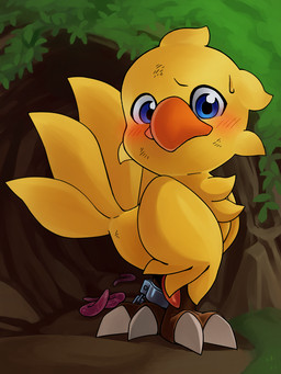 animal_genitalia avian_butt bdsm beak biped blue_eyes blush bodily_fluids bondage bound chain chained erection feathers feet feral genitals group looking_at_viewer male male_focus penis solo_focus standing submissive submissive_male sweat talons tapering_penis toes tuft wings katahane3 chocobo_(series) chocobo_tales final_fantasy square_enix annelid avian bird chocobo earthworm worm 3:4 hi_res
