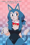 2:3 absurd_res anthro bell big_breasts blue_background blue_body blue_clothing blue_eyes blue_fur blue_leotard blush blush_lines bow_tie breasts checkered checkered_background cleavage clothed clothing crossgender cuffs_(clothing) dialogue dipstick_tail domestic_cat dragon_ball english_text eyelashes felid feline felis female fur garbagioni hi_res leotard mammal markings open_mouth pattern_background pink_background puar_(dragon_ball) red_bow_tie simple_background solo tail tail_markings tan_body tan_fur text thick_thighs whiskers wide_hips