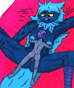 ambiguous_gender anthro beak blue_hair breast_grab breasts breath dialogue duo erect_nipples female genitals hair hand_on_breast intersex intersex/female long_hair moan muscular muscular_female nipples non-mammal_breasts non-mammal_nipples nude panting sex simple_background size_difference text vulva yellow_eyes car_man undertale_yellow martlet_(zenith_form) moray_(undertale_yellow) aquatic avian bird eel fish moray_eel english_text