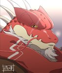 anthro beard biped clothed clothing facial_hair kemono male red_body scarf solo aruji_yume lifewonders tokyo_afterschool_summoners itzamna_(tas) iguana iguanid lizard reptile scalie 2021 bust_portrait portrait