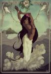 anthro art_nouveau breasts brown_body brown_fur brown_hair clothed clothing female flower fur green_eyes hair island long_hair nipples plant sea shell smile solo topless water wave nintendarkland lei-lani mammal mustelid otter sea_otter hi_res