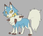 blue_body blue_fur female feral fur grey_background simple_background smile solo bloowolfy nintendo pokemon generation_7_pokemon lycanroc midday_lycanroc pokemon_(species) full-length_portrait portrait