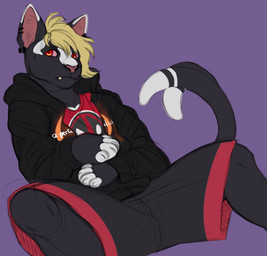 anthro black_clothing black_jacket black_topwear bottomwear clothing dark_body dark_fur dipstick_tail ear_piercing ear_ring fangs fur gauged_ear glistening glistening_eyes grey_body grey_bottomwear grey_clothing grey_ears grey_fur grey_pants inner_ear_fluff jacket male markings mouth_closed pants piercing pink_sclera purple_background reclining red_eyes red_inner_ear red_inner_ear_fluff red_nose ring_piercing simple_background solo tail tail_markings teeth topwear tuft unsigned white_body white_ears white_fur rayliicious felid mammal