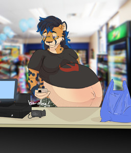 anthro belly big_belly clothed clothing convenience_store electronics eyewear glasses huge_belly male navel outie_navel phone pregnant pregnant_male shopping solo wearing_glasses conditional_dnp humgeronimo nix_(nixphx) cheetah felid feline mammal colored half-length_portrait hi_res portrait shaded