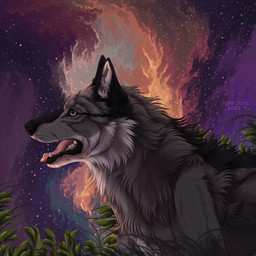 ambiguous_gender black_body black_fur black_lips black_nose cheek_tuft facial_tuft feral fur glistening glistening_eyes grey_body grey_eyes grey_fur lips neck_tuft open_mouth pink_tongue side_view solo text tongue tuft msdeadsoul canid canine mammal 1:1 2023 artist_name dated english_text hi_res