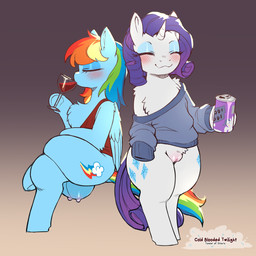alcohol beverage big_teats blue_body blue_fur blush clothing crossed_legs crotch_breasts drinking_alcohol duo eyelashes eyes_closed feathered_wings feathers female feral fur genitals hair holding_beverage holding_object horn mouth_closed nipples purple_hair semi-anthro smile sweater teats topwear vulva white_body white_fur wine wings cold-blooded-twilight friendship_is_magic hasbro my_little_pony mythology rainbow_dash_(mlp) rarity_(mlp) equid equine mammal mythological_creature mythological_equine unicorn 1:1 2025 hi_res