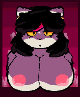 anthro big_breasts black_hair breasts ear_piercing ear_ring female fur hair huge_breasts looking_at_viewer nipples piercing ring_piercing solo white_body white_fur yellow_eyes yellow_sclera catjamn deltarune undertale_(series) catti_cattenheimer felid feline mammal 2022 aliasing digital_media_(artwork)