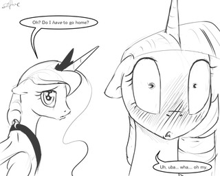 blush duo feathered_wings feathers female feral horn text wings silfoe friendship_is_magic hasbro my_little_pony mythology princess_luna_(mlp) twilight_sparkle_(mlp) equid equine mammal mythological_creature mythological_equine unicorn winged_unicorn 2015 5:4 english_text hi_res monochrome