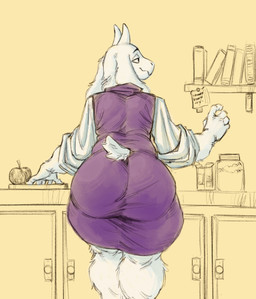 2_horns 5_fingers anthro apple arm_tuft big_butt biped black_eyebrows black_eyes book bookshelf butt closed_smile clothed clothed_anthro clothed_female clothing container cutting_board ear_tuft eyebrows female fingers floppy_ears food fruit fur fur_tuft furniture glass glass_jar half-closed_eyes head_turned horn huge_butt humanoid_hands inside iris jar kitchen leg_tuft legs_together light_body light_fur looking_at_object lop_ears mature_anthro mature_female monotone_body monotone_fur monotone_tail mouth_closed multicolored_clothing multicolored_robe narrowed_eyes no_pupils plant rear_view robe short_tail smile snout solo standing sweater tail thick_thighs topwear tuft turtleneck two_tone_robe white_body white_ears white_fur white_horn white_sclera white_tail onni's undertale undertale_(series) toriel boss_monster_(undertale) bovid caprine goat mammal 2025 digital_drawing_(artwork) digital_media_(artwork) hi_res