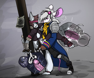 anthro armor arms_tied balls bdsm bodily_fluids bondage bound breasts brown_hair cervical_contact cervix clothing cum cum_in_vagina cum_inside cutaway duo ejaculation erection eyewear eyewear_on_head female footwear fur genital_fluids genitals goggles goggles_on_head grey_hair grin hair humanoid_genitalia humanoid_penis impregnation internal internal_vaginal interspecies jacket legwear male male/female muzzle_(object) muzzled ovum pauldron penetration penile penile_penetration penis penis_in_vagina plap restraints rope rope_bondage smile sperm_cell thigh_highs tied_to_post topwear vaginal vaginal_fluids vaginal_fluids_on_penis vaginal_penetration wanted_poster white_body white_fur hijackerdraws r.j zara_sudekai canid canine mammal mouse murid murine rodent hi_res