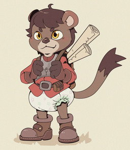 anthro armor backpack bag belt blush clean_diaper clothed clothing diaper footwear gloves handwear male scroll shoes smile solo standing wearing_diaper bubblepuppers mammal mustelid otter absurd_res hi_res