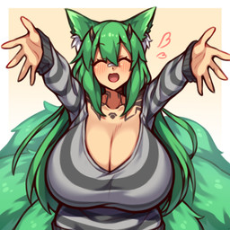 5_fingers arms_out bandage bandage_on_face bandage_on_nose big_breasts breasts cleavage clothed clothed_female clothed_humanoid clothing collarbone eyelashes eyes_closed female female_humanoid fingers front_view green_hair green_tail grey_clothing grey_sweater grey_topwear hair heart_symbol horn huge_breasts inner_ear_fluff light_body light_skin multi_tail open_mouth open_smile pattern_clothing pattern_sweater pattern_topwear reaching_towards_viewer simple_background smile solo striped_clothing striped_sweater striped_topwear stripes sweater tail topwear tuft white_inner_ear_fluff coffeelove68 tsutsune_(pyobbo) animal_humanoid canid canid_humanoid canine canine_humanoid fox_humanoid horned_humanoid humanoid mammal mammal_humanoid 1:1 2022 absurd_res digital_drawing_(artwork) digital_media_(artwork) half-length_portrait hi_res portrait
