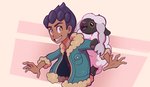 carrying_another clothed clothing daww duo eyebrows eyelashes feral hair male orange_eyes purple_hair smile icelectricspyro nintendo pokemon hop_(pokemon) generation_8_pokemon human mammal pokemon_(species) wooloo hi_res