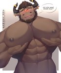 abs anthro big_pecs blush brown_body brown_fur brown_hair dialogue ear_piercing ear_ring eyewear fur glasses hair holding_pecs horn horn_jewelry horn_ring huge_pecs jewelry male muscular muscular_male open_mouth pecs piercing ring_(jewelry) ring_piercing solo talking_to_viewer text yellow_eyes alvedo_vhiich european_mythology greek_mythology mythology edo_yevmur bovid bovine mammal minotaur 5:6 absurd_res english_text hi_res