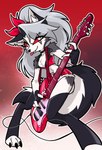 anthro blep bottomwear clothing denim denim_bottomwear denim_clothing denim_shorts ear_piercing ear_ring electric_guitar eyebrow_piercing eyebrow_ring facial_piercing female fur grey_body grey_fur guitar guitar_pick musical_instrument piercing plucked_string_instrument ring_piercing shorts solo string_instrument tongue tongue_out white_body white_fur centinel303 helluva_boss mythology loona_(helluva_boss) canid canid_demon canine demon hellhound mammal mythological_canine mythological_creature 2024 absurd_res hi_res