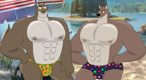 5_fingers abs anthro beach bulge clothed clothing duo fingers hand_on_hip lake male male/male muscular muscular_anthro muscular_male nipples pecs small_head speedo speedo_only stock_image_background swimwear tiny_head topless wolfox90210 dreamworks the_bad_guys d.b._cougar(the_bad_guys) mr._wolf_(the_bad_guys) canid canine canis cougar felid feline mammal wolf hi_res