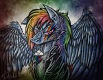 clothing feathers female feral hair jacket leather leather_clothing leather_jacket leather_topwear multicolored_hair pegasus_device pink_eyes rainbow_hair solo spread_wings topwear uniform wings deidad_dissitum creepypasta friendship_is_magic hasbro my_little_pony mythology rainbow_factory_(mlp_fanfic) rainbow_dash_(mlp) equid equine horse mammal mythological_creature mythological_equine pegasus pony 2022 traditional_media_(artwork)