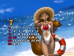 2006 4:3 anthro beach breasts calendar camel_toe canid canine chest_tuft clothed clothing copyright_symbol day detailed_background dr_comet female fur hi_res july_(month) mammal nipple_outline one-piece_swimsuit outside sand seaside sky solo summer swimwear symbol tail tuft wallpaper water