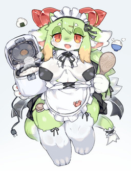 2_horns anthro appliance big_breasts biped blush blush_lines bowl breasts chest_tuft clothed clothed_anthro clothed_female clothing container curvy_figure cute_fangs fangs female female_anthro food front_view fully_clothed fully_clothed_anthro fully_clothed_female fur fur_tuft green_body green_fur head_tuft horn inner_ear_fluff kitchen_appliance leg_pouch legwear looking_at_viewer maid_apron maid_headdress maid_uniform multicolored_body multicolored_fur onigiri open_mouth open_smile pasties plantigrade red_eyes red_horn rice rice_cooker smile solo stockings teeth thick_thighs tuft two_tone_body two_tone_fur uniform white_body white_fur wide_hipped_anthro wide_hipped_female wide_hips ookm mythology dragon furred_dragon furred_scalie mythological_creature mythological_scalie scalie 2026 digital_drawing_(artwork) digital_media_(artwork) shaded soft_shading
