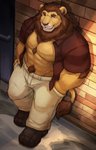 abs amber_eyes anthro biceps bottomwear brown_body brown_fur brown_hair brown_nose claws clothed clothing footwear fur hair male muscular muscular_anthro muscular_male open_clothing open_shirt open_topwear orange_eyes pants pecs shirt shoes solo tawny_fur topwear cinna-tree felid feline lion mammal pantherine absurd_res hi_res