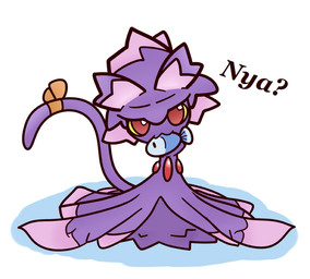 accessory ambiguous_gender bow_(feature) bow_accessory bow_ribbon clothing dress furgonomics hat headgear headwear looking_at_viewer magic_user red_eyes ribbons simple_background solo tail tail_accessory tail_bow tail_ribbon text witch witch_hat concave_(artist) nintendo pokemon aquatic felid fish generation_4_pokemon ghost mammal mismagius pokemon_(species) spirit english_text