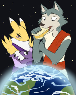 anthro duo earth female macro male planet space world sirkus-pandemonium bandai_namco beastars digimon legoshi_(beastars) canid canine canis digimon_(species) mammal renamon wolf 4:5 hi_res