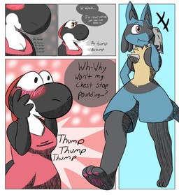 anthro blush breasts clothed clothing duo ear_markings female hand_on_face horn male markings pawpads tail text towel walking rayoshi_(artist) mario_bros nintendo pokemon rayoshi generation_4_pokemon lucario pokemon_(species) yoshi comic english_text hi_res
