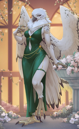 anthro beak biped breasts claws clothed clothed_anthro clothed_female clothing dress feathers feet female fingers front_view inside looking_at_viewer medium_breasts navel non-mammal_breasts non-mammal_navel smile solo standing tail toes wings mergremil eurana_(raveger) avian bird 2026 absurd_res digital_drawing_(artwork) digital_media_(artwork) hi_res