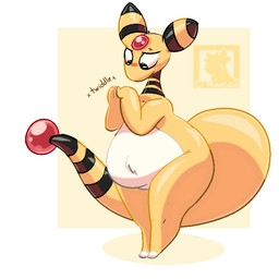 ambiguous_gender anthro belly big_tail blush blush_lines featureless_arms finger_twiddling forehead_gem gem looking_down looking_down_at_self markings shy simple_background solo solo_focus tail tail_gem tail_markings wide_hips ruuccii nintendo pokemon ampharos generation_2_pokemon pokemon_(species) 2026 digital_drawing_(artwork) digital_media_(artwork) full-length_portrait hi_res portrait watermark