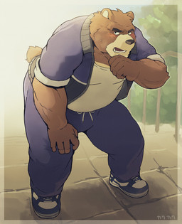 5_fingers anthro barazoku blue_bottomwear blue_clothing blue_jacket blue_pants blue_topwear blush bodily_fluids bottomwear brown_body brown_fur clothed clothing countershade_fur countershade_snout countershading fingers footwear fully_clothed fur jacket male multicolored_body multicolored_fur musclegut muscular muscular_anthro muscular_male pants shirt shoes snout solo stairs sweat sweatdrop tail tan_body tan_countershading tan_fur text topwear two_tone_body two_tone_fur white_clothing white_shirt white_topwear kakukaku morenatsu juuichi_mikazuki bear black_bear mammal moon_bear ursine 2025 absurd_res artist_name hi_res