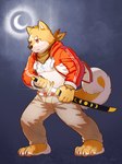 anthro bottomwear brown_kerchief brown_neckerchief brown_nose cheek_tuft clothed clothing countershading curled_tail facial_tuft fur glistening glistening_eyes head_tuft holding_melee_weapon holding_object holding_sword holding_weapon jacket kerchief male melee_weapon moon mouth_closed neckerchief neckwear orange_body orange_fur orange_tail overweight overweight_anthro overweight_male pants red_clothing red_eyes red_jacket red_topwear simple_background slightly_chubby solo standing sword tail tan_bottomwear tan_clothing tan_pants three-quarter_view topwear tuft weapon white_body white_fur white_tail asnnonaka canid canine canis domestic_dog mammal shiba_inu spitz 3:4 full-length_portrait portrait signature