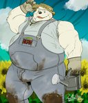 anthro clothing fur hat headgear headwear humanoid_hands male outside overalls overweight overweight_anthro overweight_male shirt solo straw_hat topwear white_body white_fur deadanthro bear mammal 2020