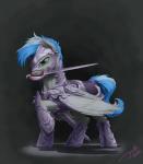 1jaz 2016 absurd_res armor blue_hair equid equine feathered_wings feathers feral friendship_is_magic hair hasbro headgear helmet hi_res male mammal melee_weapon my_little_pony mythological_creature mythological_equine mythology object_in_mouth pegasus royal_guard_(mlp) solo sword sword_in_mouth weapon wings