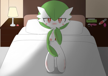 bed blush blush_lines bodily_fluids breasts buttplug female furniture genital_fluids gesture glistening hand_gesture lamp masturbation nipples pillow plug_(sex_toy) pointing pointing_at_self red_sclera sex_toy shadow solo tissue_box vaginal_fluids vibrator kibi225 nintendo pokemon gardevoir generation_3_pokemon pokemon_(species) absurd_res hi_res