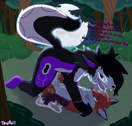 anthro bodily_fluids bone collar collar_only cowgirl_position cum cum_drip cum_from_vagina cum_in_vagina cum_inside cum_on_penis cum_pool dialogue dominant dominant_female dripping duo environment female forced forest forest_background from_front_position fur fur_markings genital_fluids genitals glowing glowing_eyes grass leaf leash leash_pull leashed_collar light looking_at_another looking_pleasured male male/female markings moon moonlight nature nature_background nude on_bottom on_top pawpads paws penis pinned pinned_to_ground plant rape sex shrub skull skull_head tall_grass teeth text tongue tree vaginal davyboi canid canine fox mammal skulldog_(species) absurd_res english_text hi_res