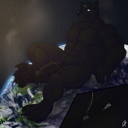 abs anthro big_muscles big_penis black_body black_claws black_fur black_hair black_nose black_pawpads blue_eyes claws earth fur genitals hair huge_penis humanoid_genitalia humanoid_penis macro male male_anthro mouth_closed muscular muscular_anthro muscular_male nude pawpads pecs penis planet short_hair sitting solo space star vein veiny_penis solaxe_(artist) canid canine mammal 1:1 absurd_res hi_res