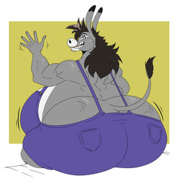 anthro belly big_belly big_butt black_hair butt clothing gesture grey_body hair huge_butt looking_at_viewer looking_back looking_back_at_viewer male overalls overweight overweight_anthro overweight_male sitting solo teeth tight_clothing waving waving_at_viewer reagan700 eddie_(reagan700) asinus donkey equid equine mammal 2024 hi_res
