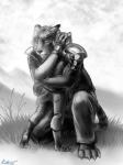 anthro blue_eyes clothed clothing duo hair hug male outside young young_anthro conditional_dnp ratte legacy_(ratte) montreal_(ratte) tyrm badger faraden felid hybrid lion mammal mustelid musteline new_faraden pantherine tiger tigon 2015 digital_media_(artwork) hi_res monochrome