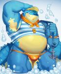 belly blue_body bulge clothed clothing fupa hat headgear headwear lifeguard male musclegut muscular shirt skimpy slightly_chubby solo speedo swimwear topwear visor_cap whistle_(object) dsharp_k lifewonders tokyo_afterschool_summoners makara_(tas) crocodile crocodilian reptile scalie