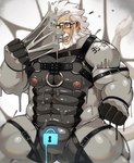 5_fingers beard blue_eyes eyewear facial_hair fingers glasses goo_on_face goo_suit goo_transformation hair harness lock_bulge male muscular nipple_piercing nipples piercing solo transformation white_beard white_facial_hair white_hair korosuke blizzard_entertainment overwatch esgar reinhardt_(overwatch) human mammal 2022 hi_res