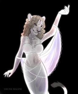 anthro belly_dancer belly_dancer_outfit black_nose blue_eyes bra breasts brown_hair clothed clothing costume dancing female fur glistening glistening_body glistening_skin hair lace navel partially_clothed solo tail underwear whiskers white_body white_clothing white_ears white_fur drunkmagpie felid feline lion mammal pantherine hi_res