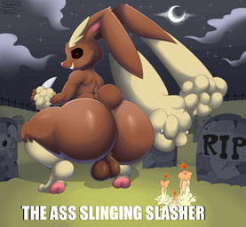 anthro arm_tuft balls big_butt black_sclera brown_body brown_fur butt candle cemetery cheek_tuft cloud cotton_tail crouching facial_tuft floppy_ears fur genitals grass holding_knife holding_object knife lit_candle looking_at_viewer looking_back looking_back_at_viewer male moon night nude nude_anthro nude_male open_mouth open_smile orange_eyes outside pawpads pink_pawpads plant pupils r.i.p. rear_view small_pupils smile solo tail teeth text thick_thighs tombstone tuft wrist_tuft yellow_body yellow_fur skunk_bunk nintendo pokemon generation_4_pokemon lopunny pokemon_(species) 2023 artist_name english_text hi_res meme