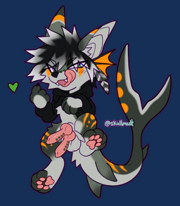 2_penises anthro anus balls bedroom_eyes bottomless bottomless_male chibi clothed clothing collar crotch_fins diphallism duo ear_fins facial_piercing fin furgonomic_piercing furgonomics genital_piercing genitals hoodie knot knotted_penis leash leash_in_mouth leash_in_own_mouth leashed_collar licking licking_lips looking_at_viewer looking_back male multi_genitalia multi_penis muzzle_piercing narrowed_eyes nose_piercing object_in_mouth pawpads penis penis_piercing piercing presenting presenting_penis seductive shark_tail solo tail tongue tongue_out topwear skullmutt rick_marks aquatic canid canine fish fox hybrid mammal shark absurd_res alpha_channel hi_res
