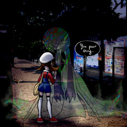 ambiguous_gender backpack black_eyes bodily_fluids clothing duo female glitch long_legs micro_calves micro_legs micro_thighs pixelated pokeball slim slim_ambiguous slim_female speech_bubble storefront text thin_calves thin_legs thin_thighs trainer translucent sketchygarden creepypasta nintendo pokemon lyra_(pokemon) pokemon_trainer gardevoir generation_3_pokemon human mammal pokemon_(species) 1:1 hi_res