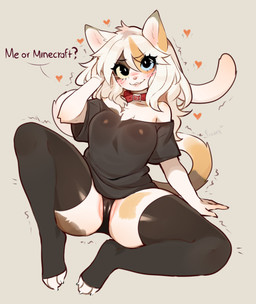 anthro biped black_clothing black_panties black_underwear blush breasts brown_body brown_fur calico_pattern camel_toe cat_tail chest_tuft clothing collar curvy_figure eyelashes eyelashes_through_hair fangs female fur genitals hair heart_symbol heterochromia highlights_(coloring) legwear looking_at_viewer multicolored_body multicolored_fur obscured_inner_labia orange_body orange_fur panties question_mark shirt simple_background sitting solo spread_legs spreading stockings tail talking_to_viewer teeth text thick_thighs thigh_highs topwear translucent translucent_hair tuft underwear vulva wavy_hair whiskers white_body white_fur fredek666 calico_cat domestic_cat felid feline felis mammal 2025 absurd_res digital_media_(artwork) english_text hi_res