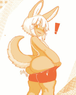 anthro big_butt big_tail blush boing bottomwear breasts butt clothed clothing exclamation_point featureless_breasts female fluffy fluffy_tail fur hair horizontal_pupils looking_at_viewer looking_back looking_back_at_viewer onomatopoeia open_mouth open_smile pupils rabbit_ears raised_tail short_hair shorts simple_background small_breasts smile solo sound_effects spandex spandex_shorts standing tail text three-quarter_view tight_bottomwear tight_clothing tight_shorts topless topless_anthro topless_female whiskers white_background white_hair 911servis made_in_abyss nanachi lagomorph leporid mammal narehate rabbit 4:5 digital_drawing_(artwork) digital_media_(artwork) english_text hi_res monochrome
